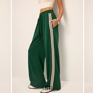 Commense Green Wide-Leg Pants with Cream Side Stripe